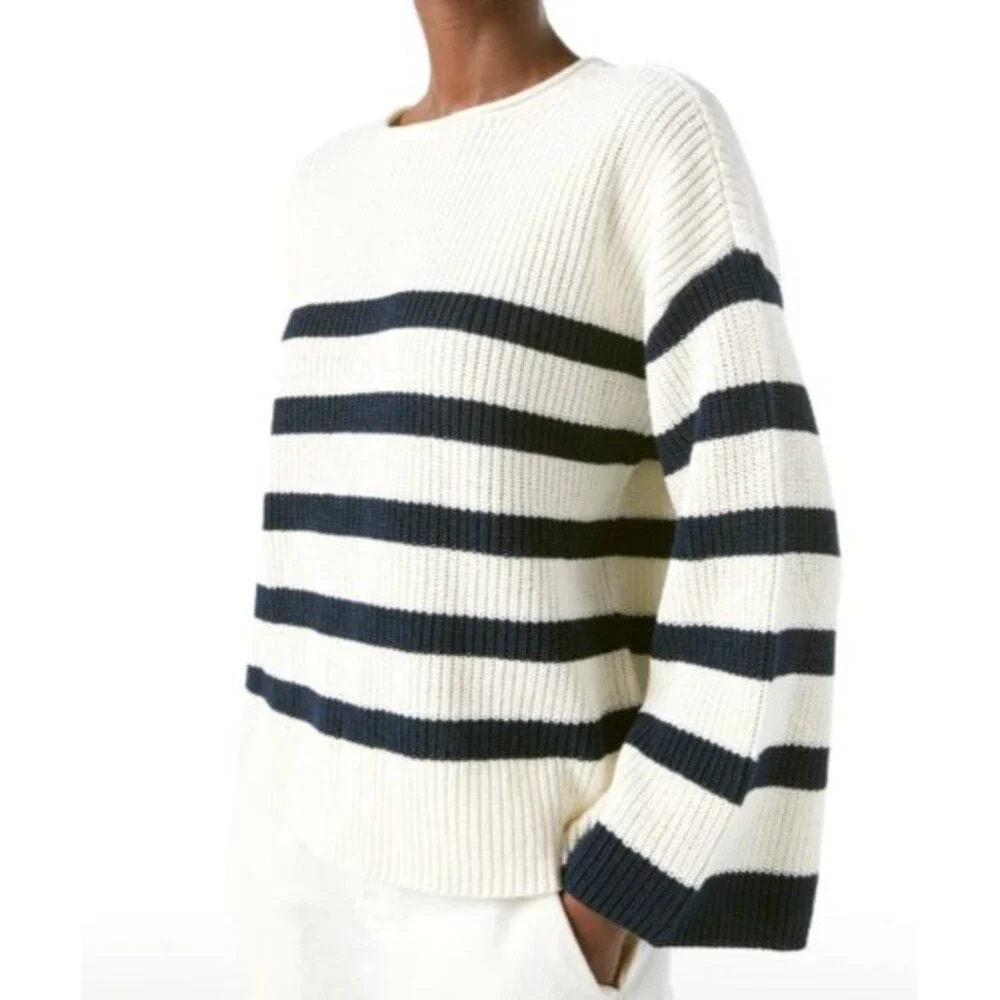 Frame Mariner Swingy Striped Sweater Sz L Navy White Cotton Oversized Boxy